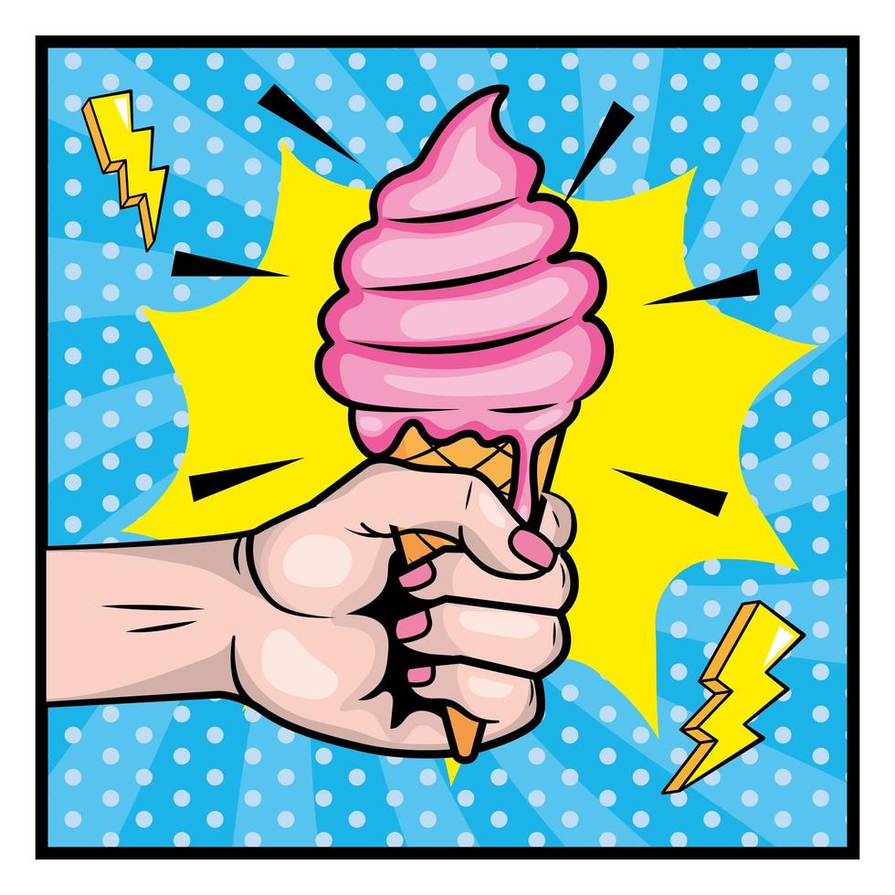 mano sosteniendo un diseño de arte pop helado vector