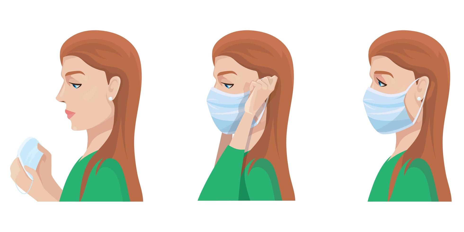 mujer poniéndose mascarilla médica. vector