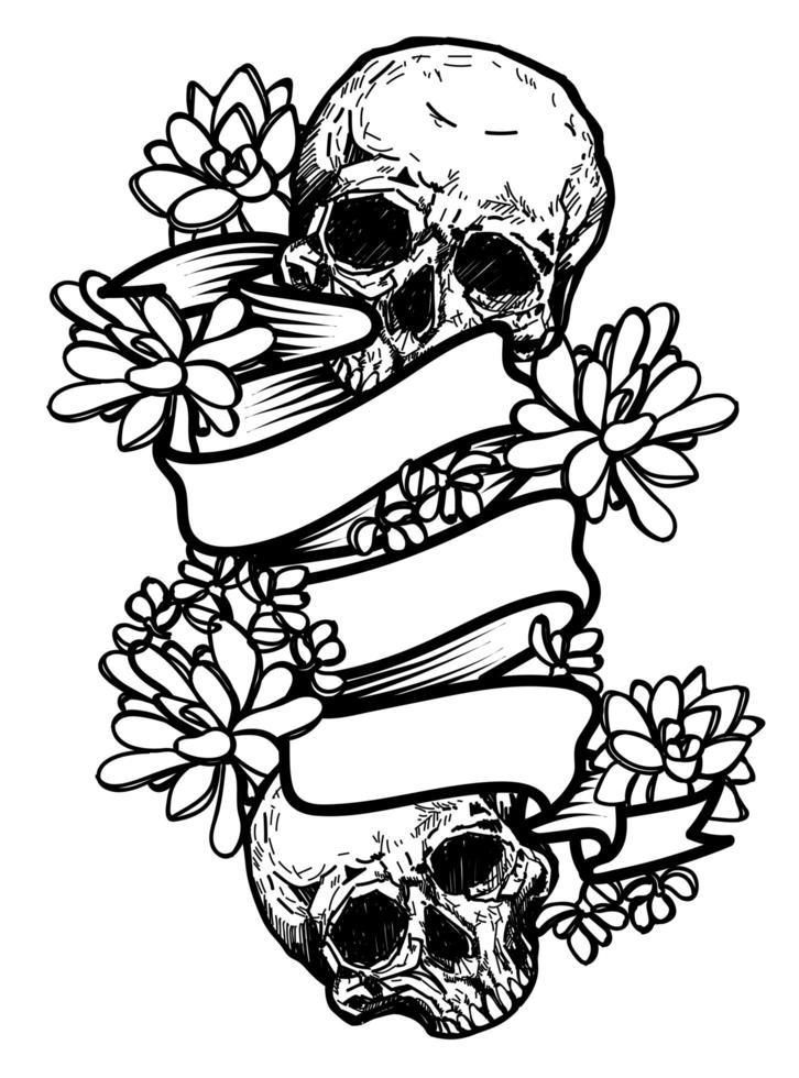 Hand drawing skull and flowers   vector