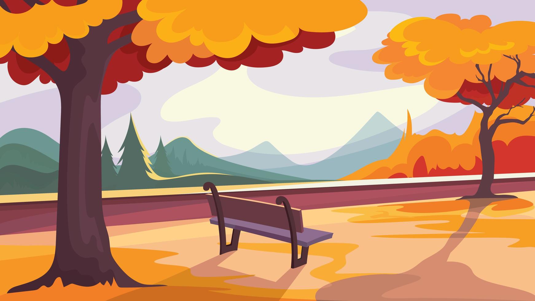 Autumn park on background of forest and mountains. vector