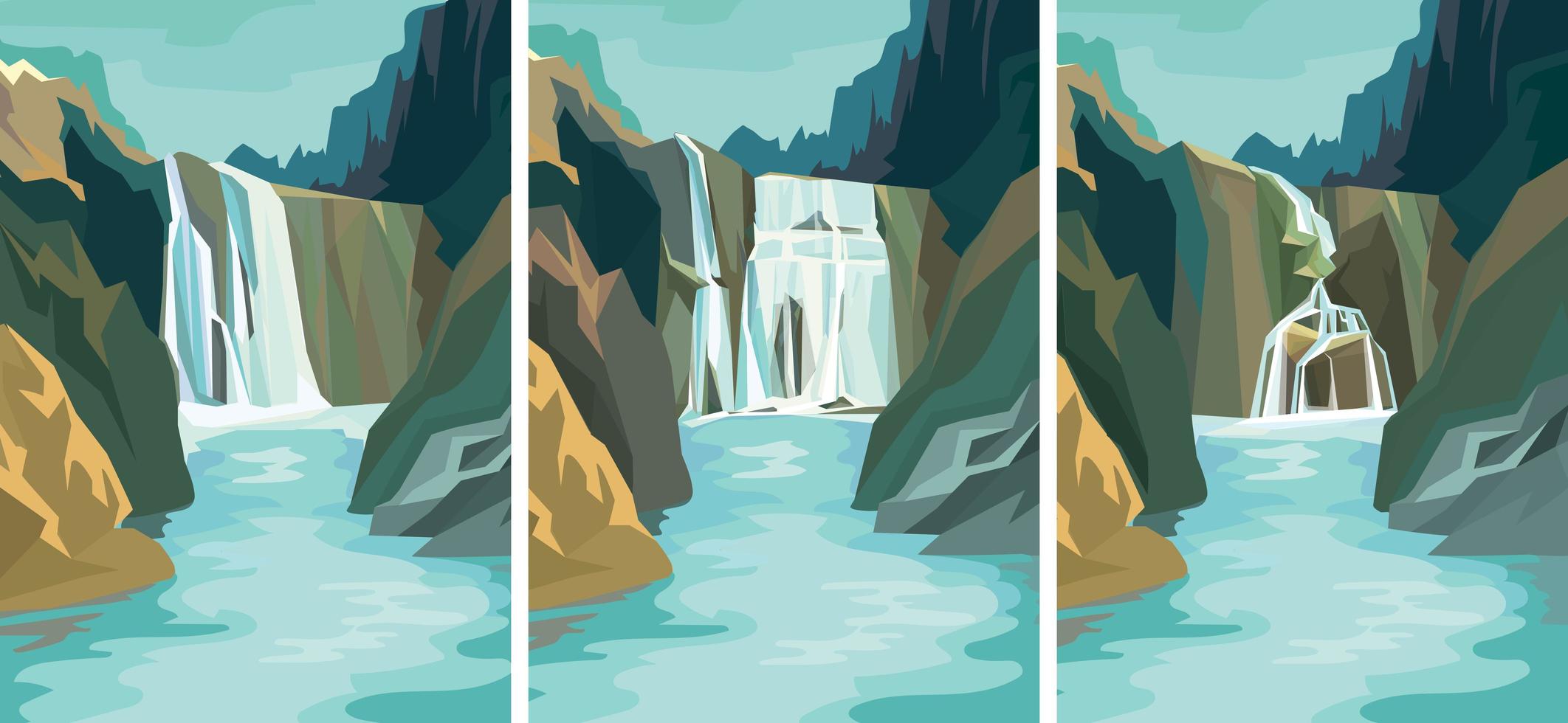 Collection of waterfall landscapes. vector