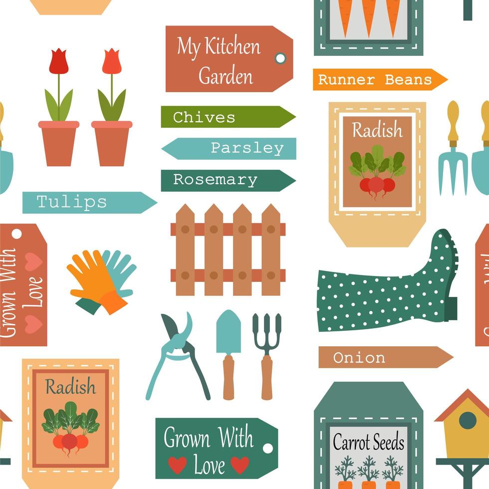 Seamless pattern of gardening objects in vintage style vector