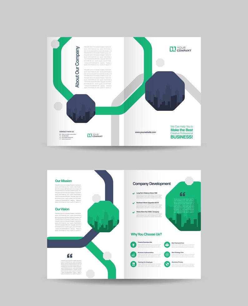 Green and blue corporate business bi-fold brochure design vector