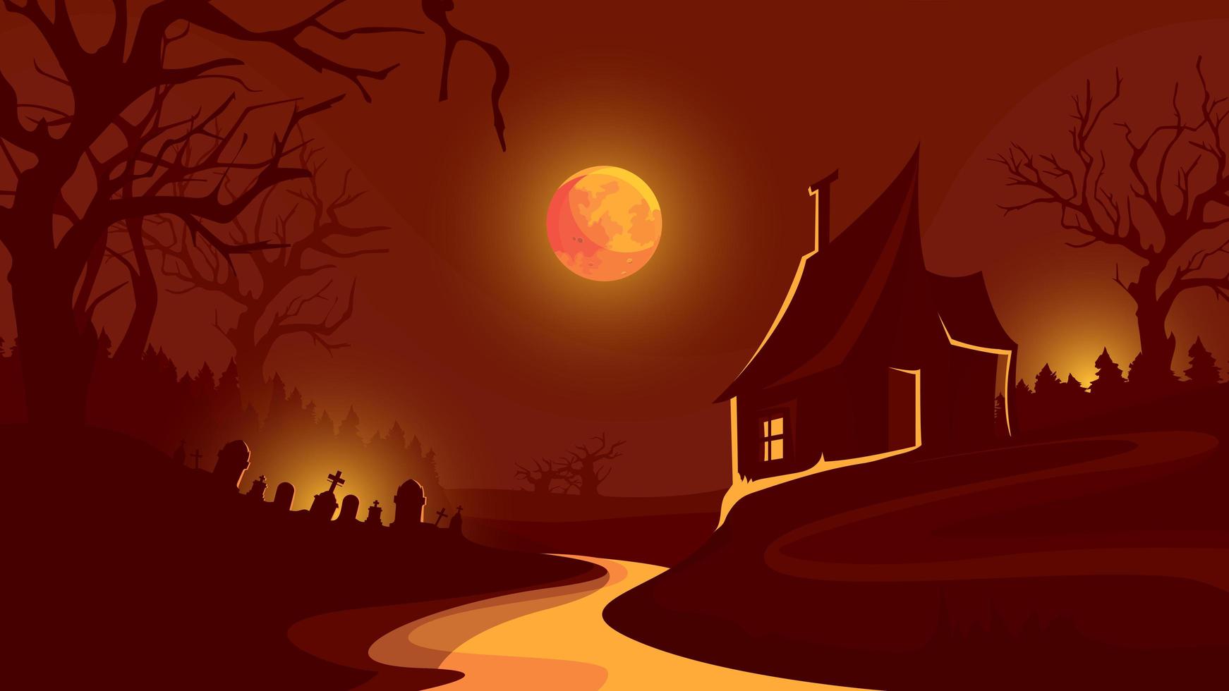 Halloween background with house under red sky. vector