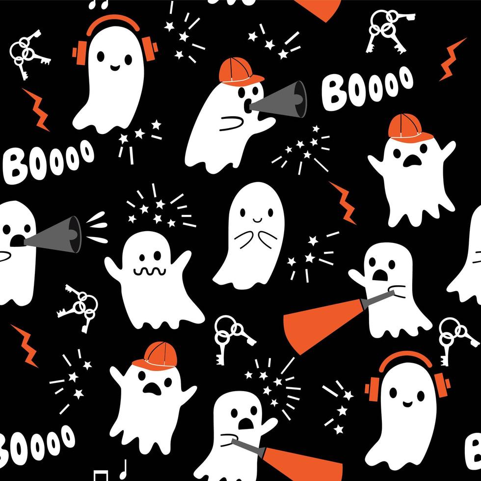 Seamless Halloween pattern with spooky ghosts and keys vector