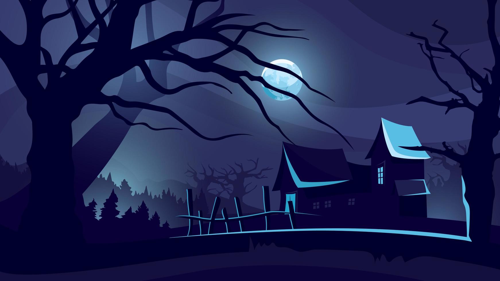 Halloween background with house under moonlight. vector