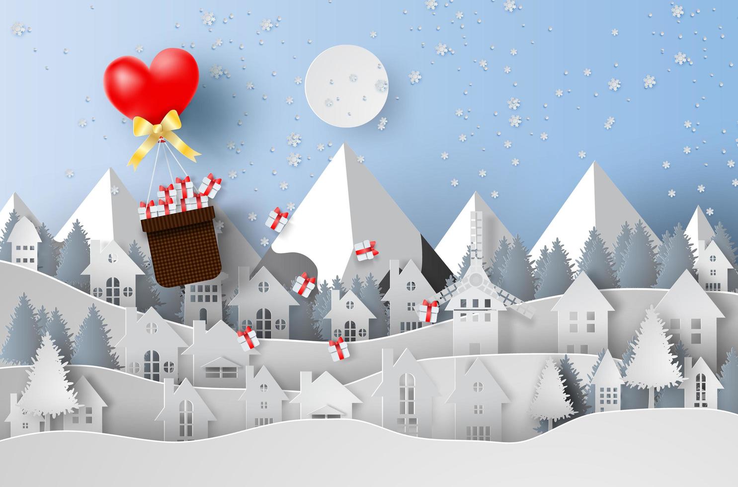 arte de papel feliz navidad con globo de regalo flotando sobre la ciudad vector