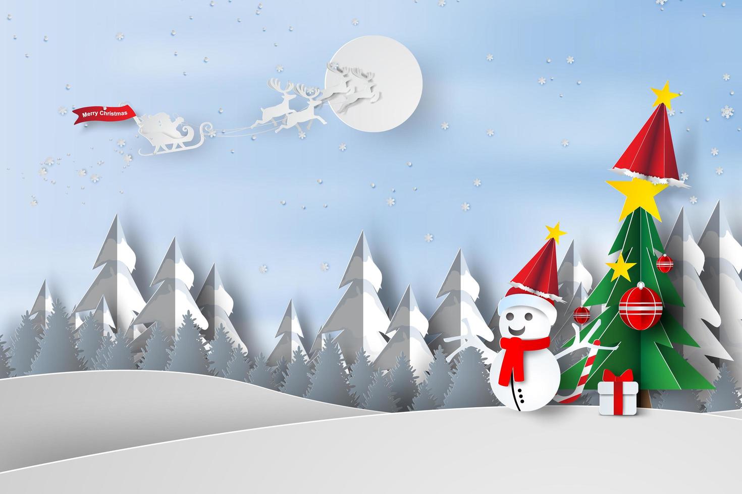 Paper Art Merry Christmas with Trees and Snowman Concept 1339458 Vector ...