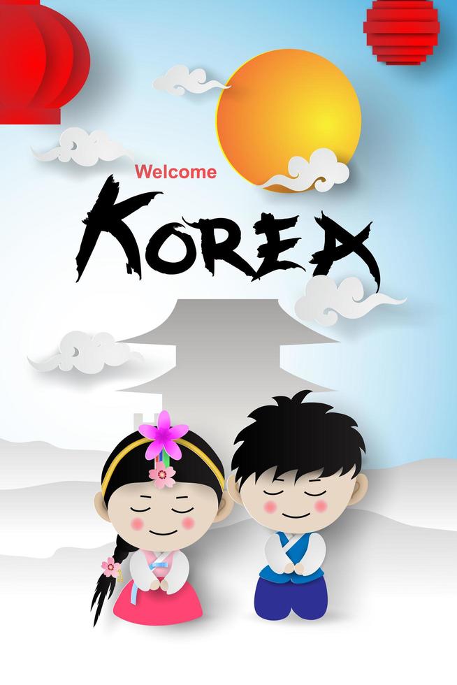 bienvenido viajes turismo corea tradicional niño y niña vector