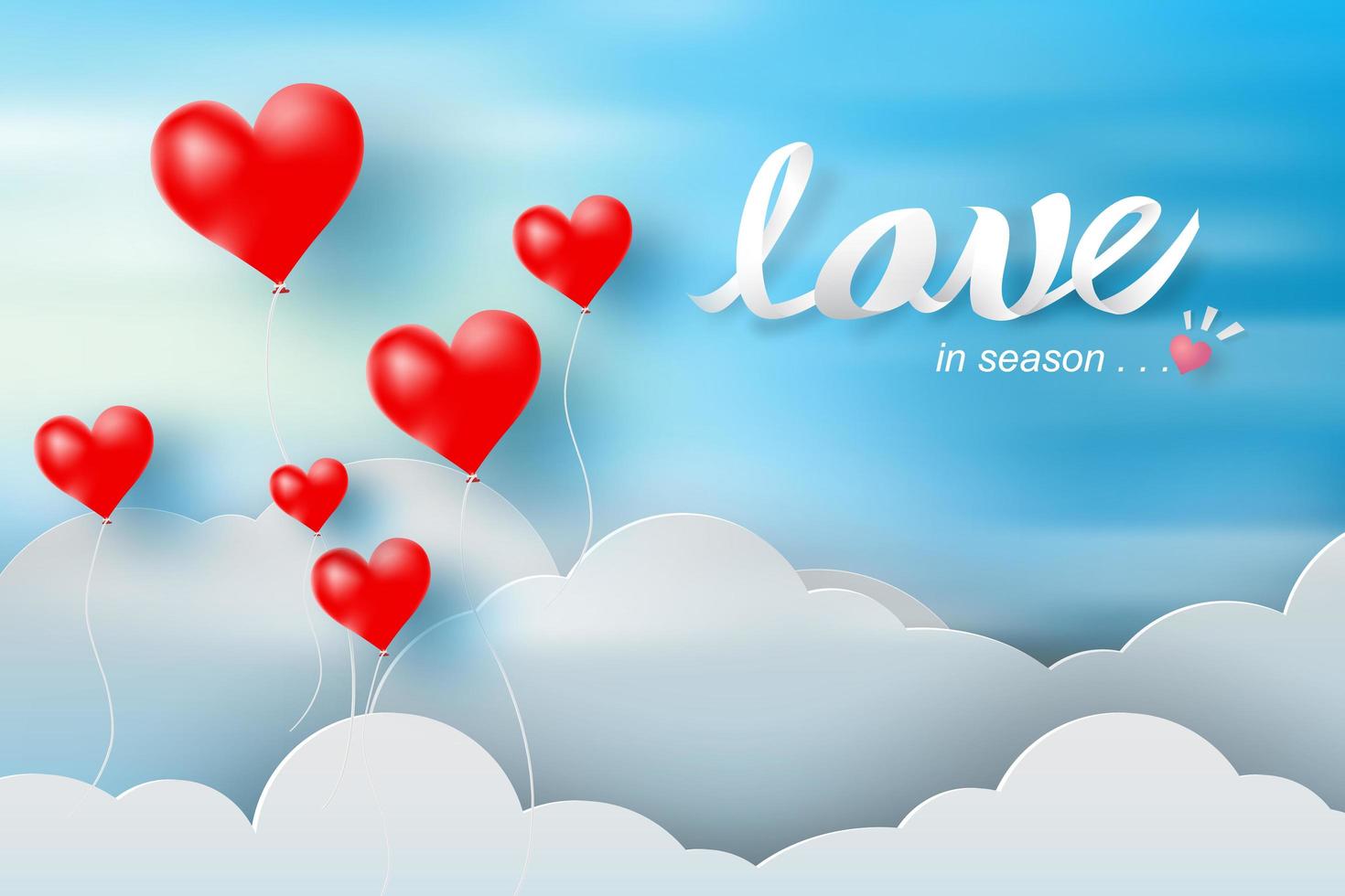 Paper Art Valentine's Day with Balloon Red Heart and Clouds vector