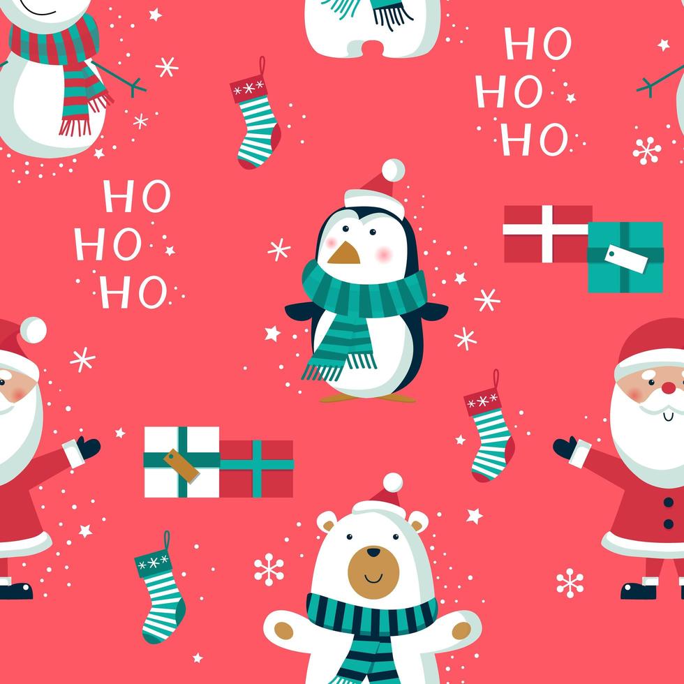 Christmas seamless pattern with characters and gifts vector