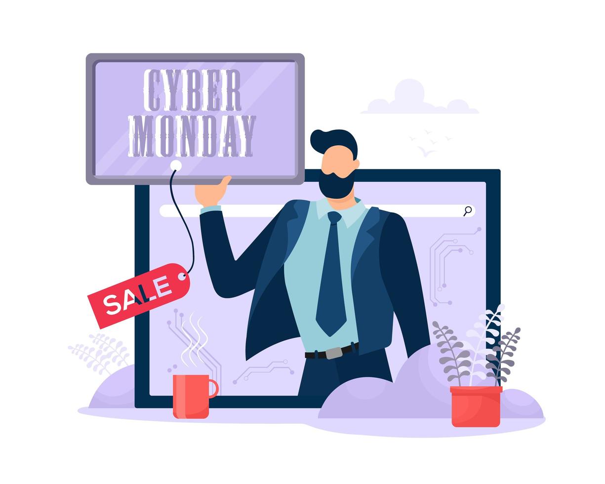 diseño de cyber monday con hombre en pantalla vector