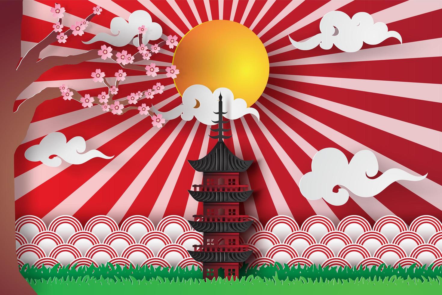 Paper Art Spring in Asian Temple with Sakura Tree and Sun vector