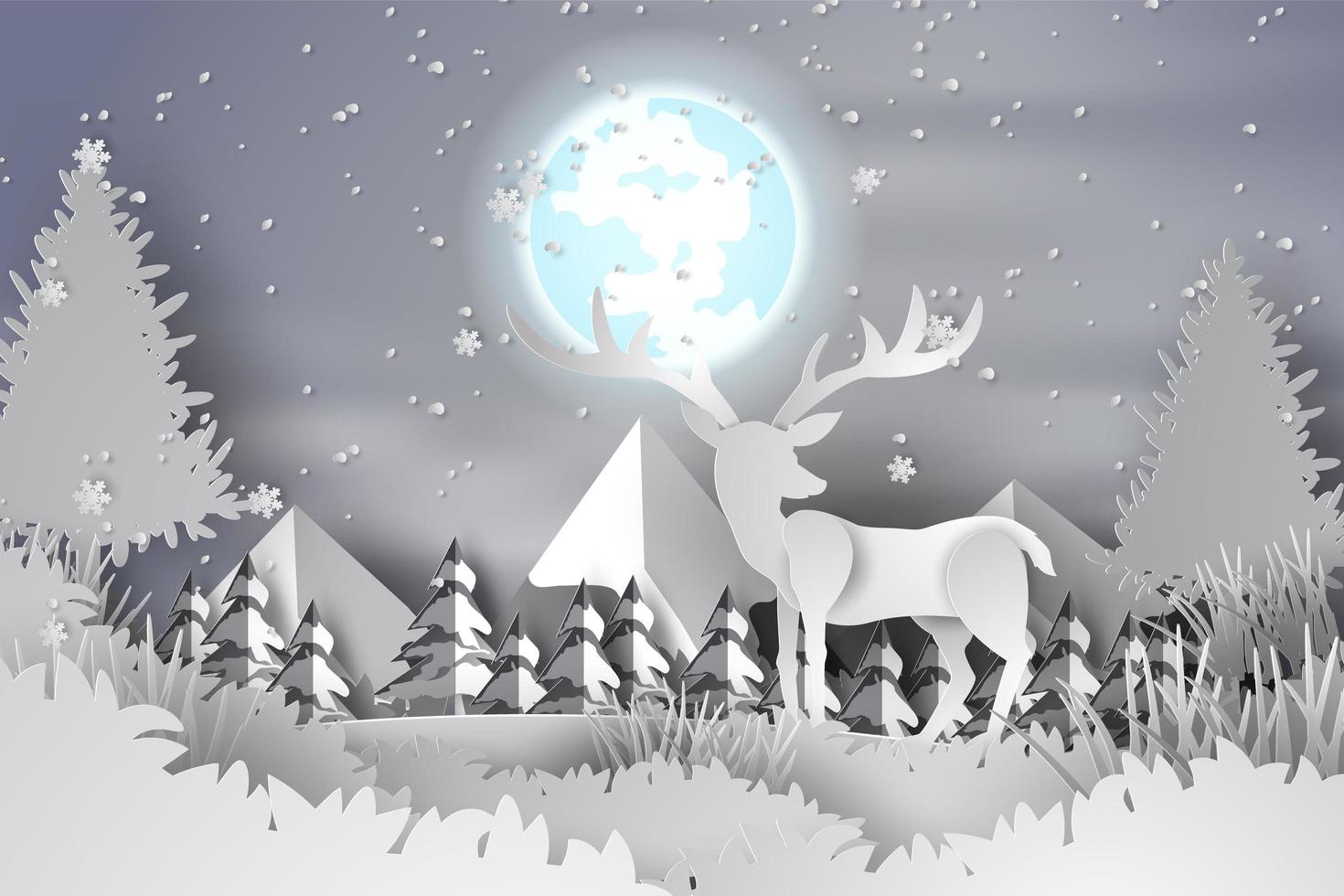 Paper Art Deer in the Forest Landscape Snow with Full Moon vector