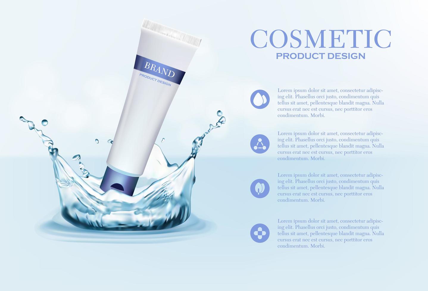 Cosmetic cream tube container on blue with water splash vector