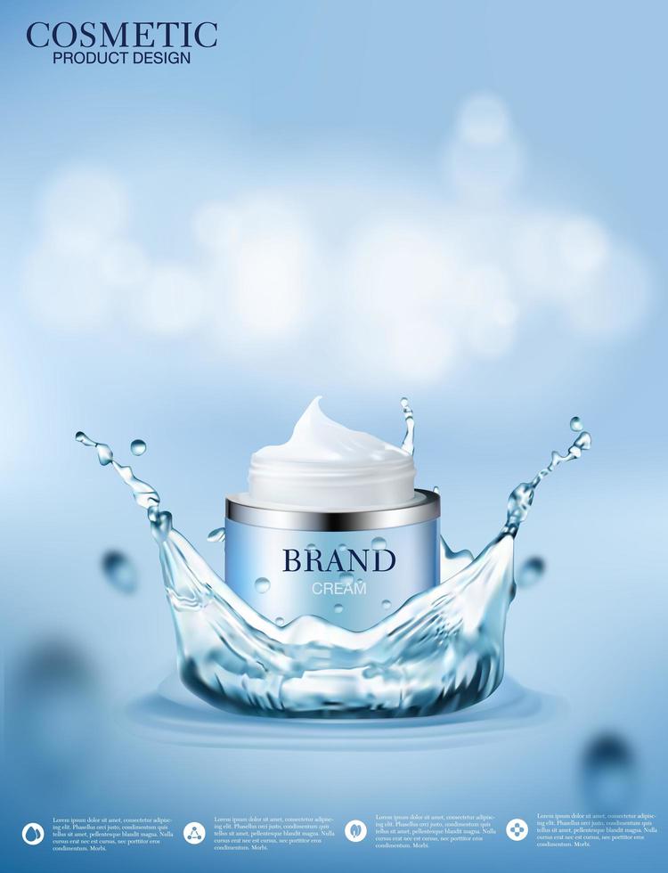 Cosmetic container with cream on blue with water splash vector