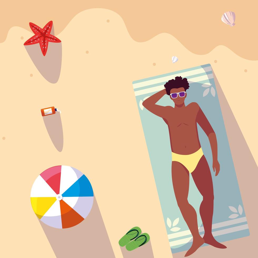 Man with swimsuit tanning beach vector