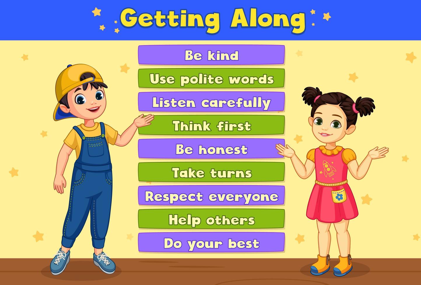 ''Getting Along'' Board Showing Two Kids vector