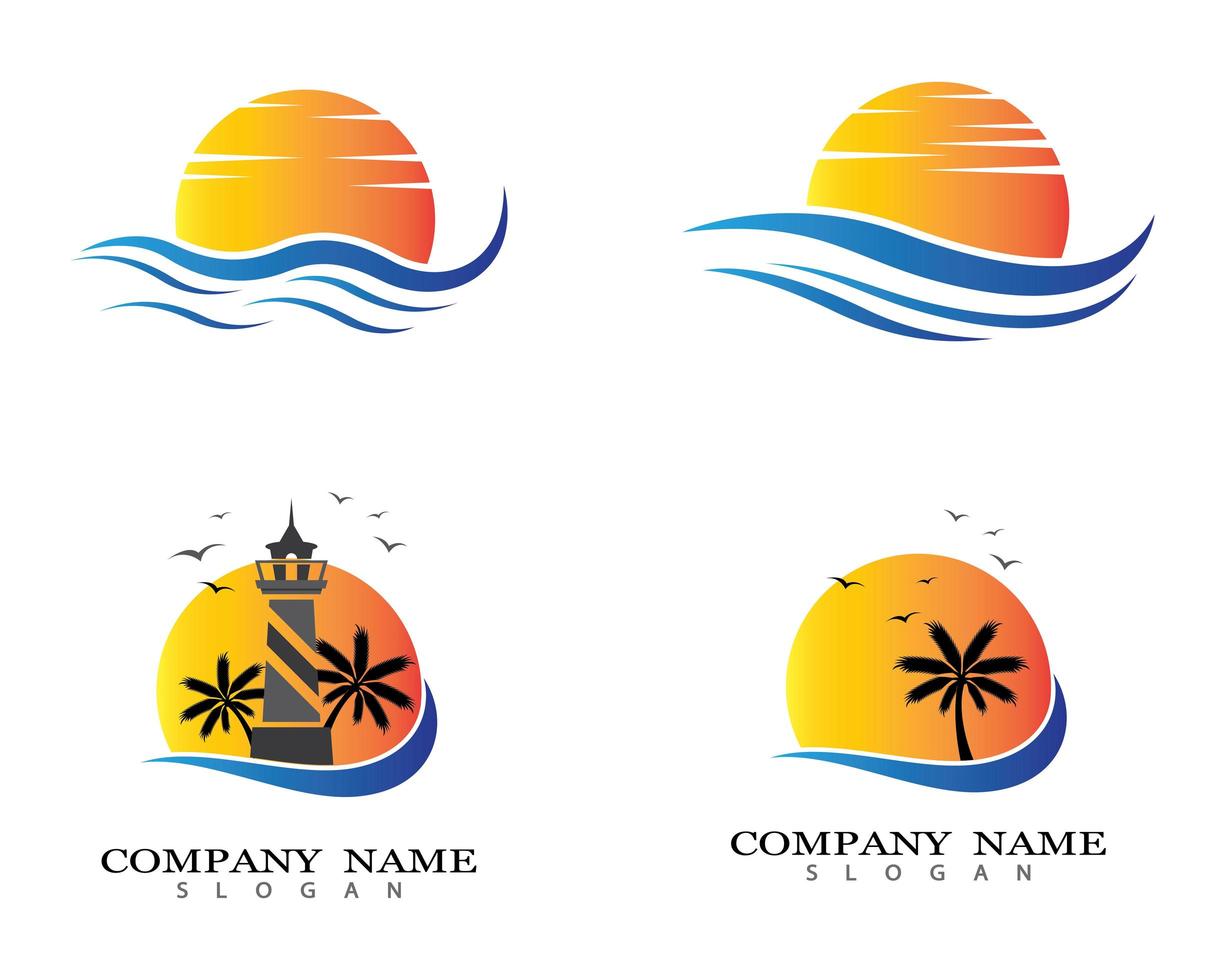 conjunto de logotipo de puesta de sol y faro vector