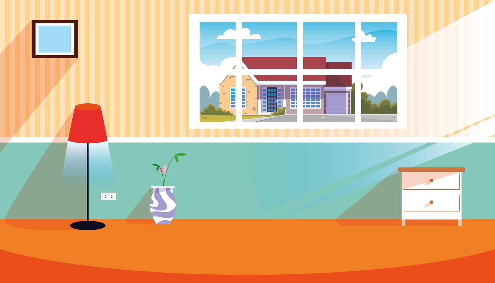 House inside scene with window and decoration vector