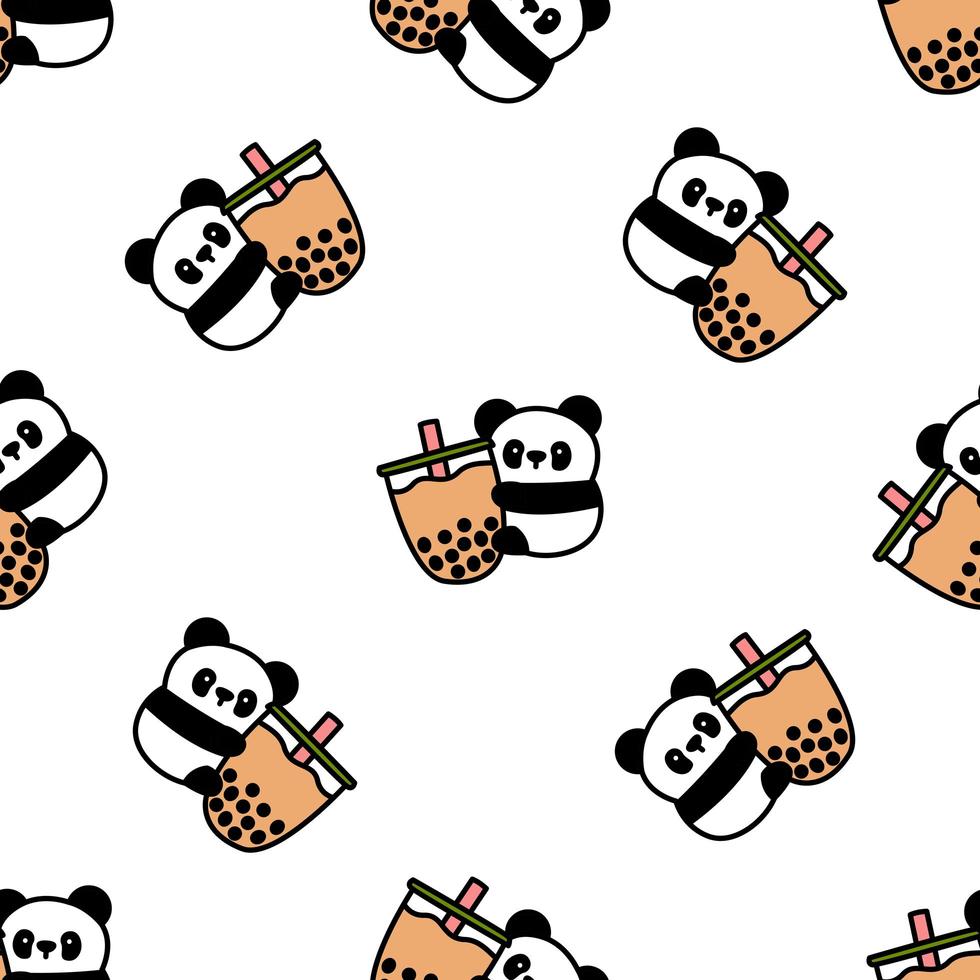 Cute panda holding bubble tea cartoon seamless pattern vector