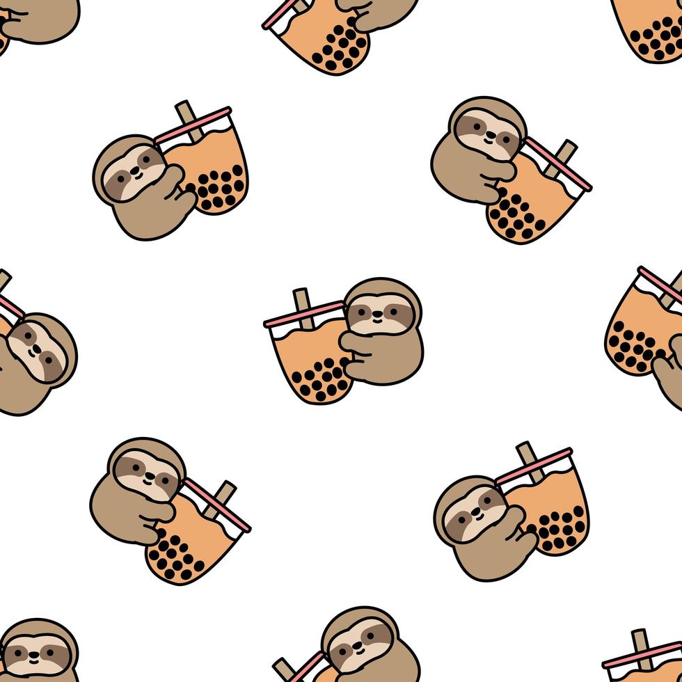 Cute sloth holding bubble tea seamless pattern vector