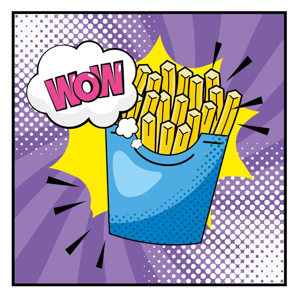 Pop-art french fries and onomatopoeia vector