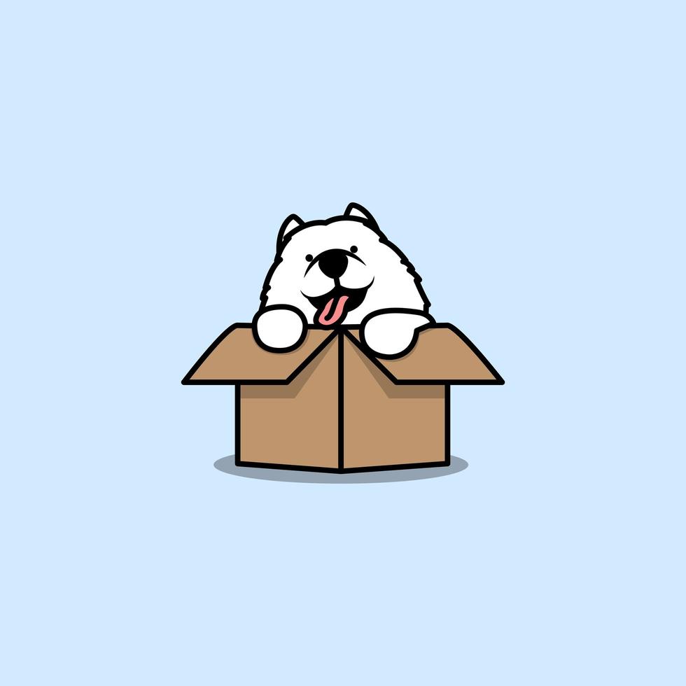 Cute samoyed puppy in box cartoon  vector