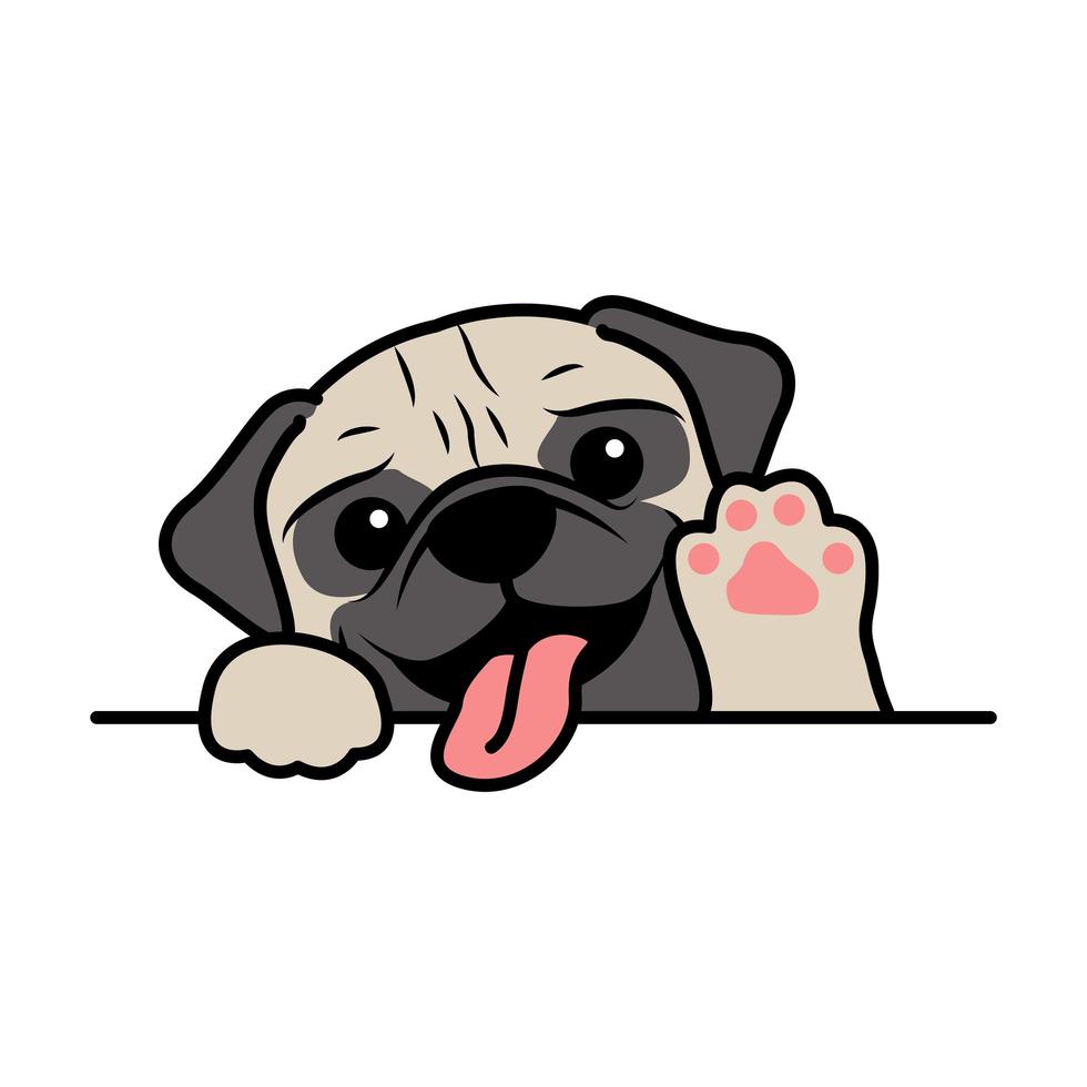 lindo, perro pug, ondulación, pata, caricatura vector