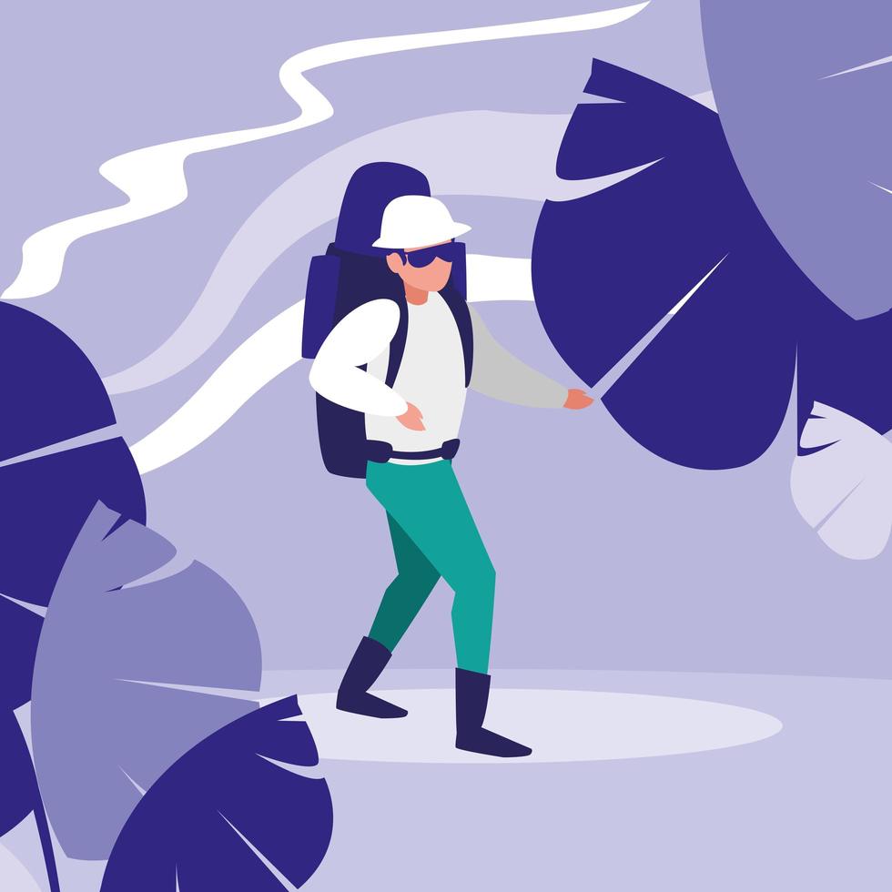 Young man walking in the jungle vector