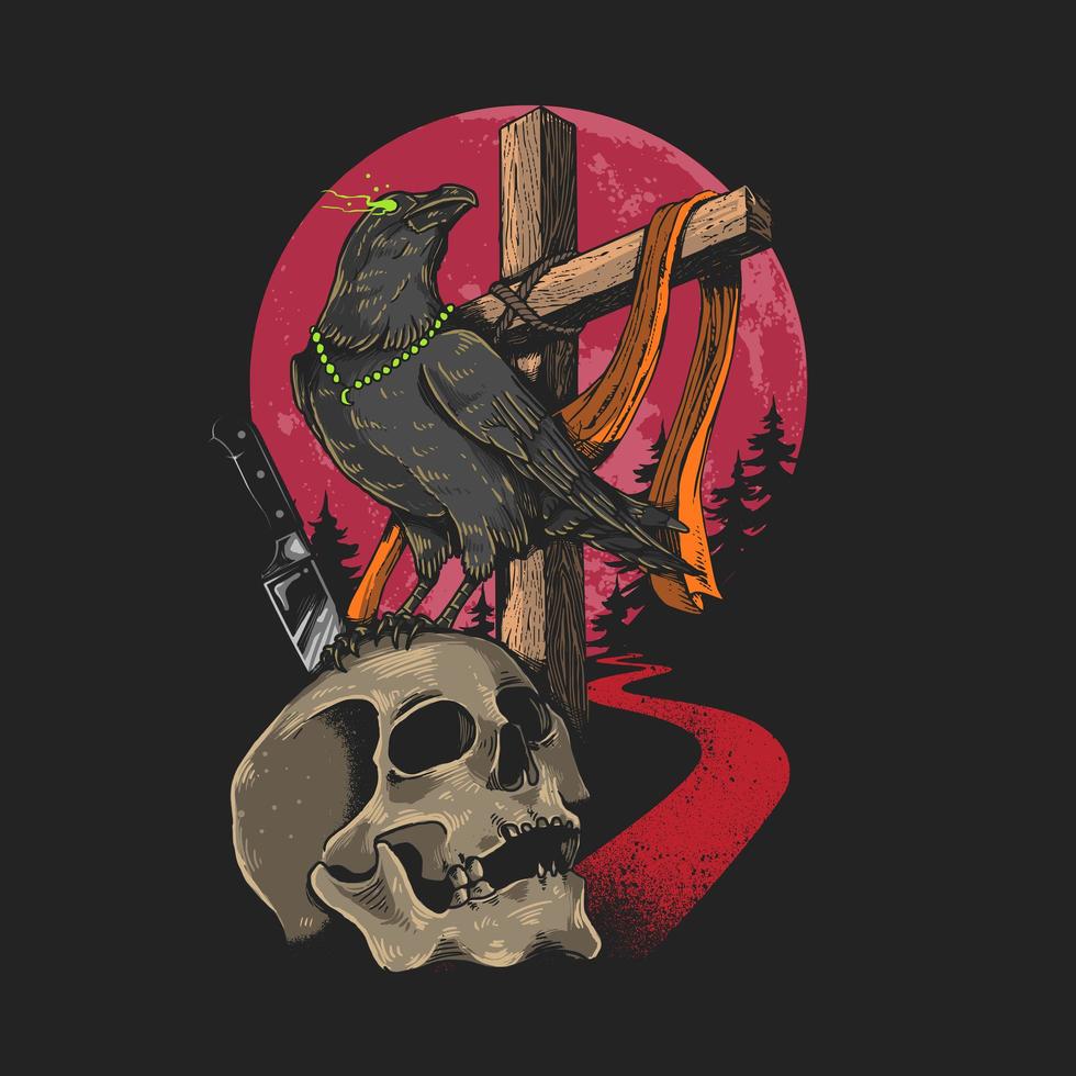 Skull and Crow with Glowing Eye vector