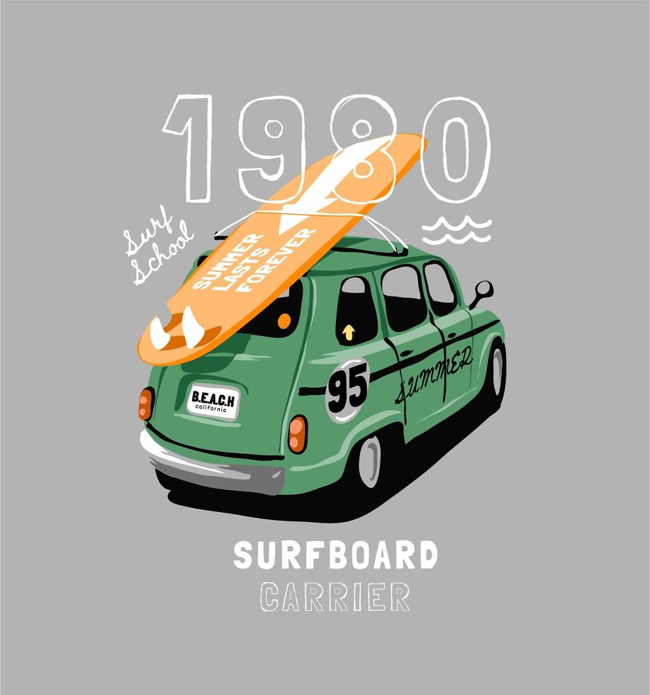 Surfboard strapped to a vintage car with lettering vector