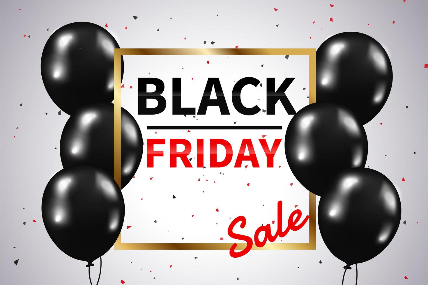 Golden black friday sale text frame with shiny black balloons vector