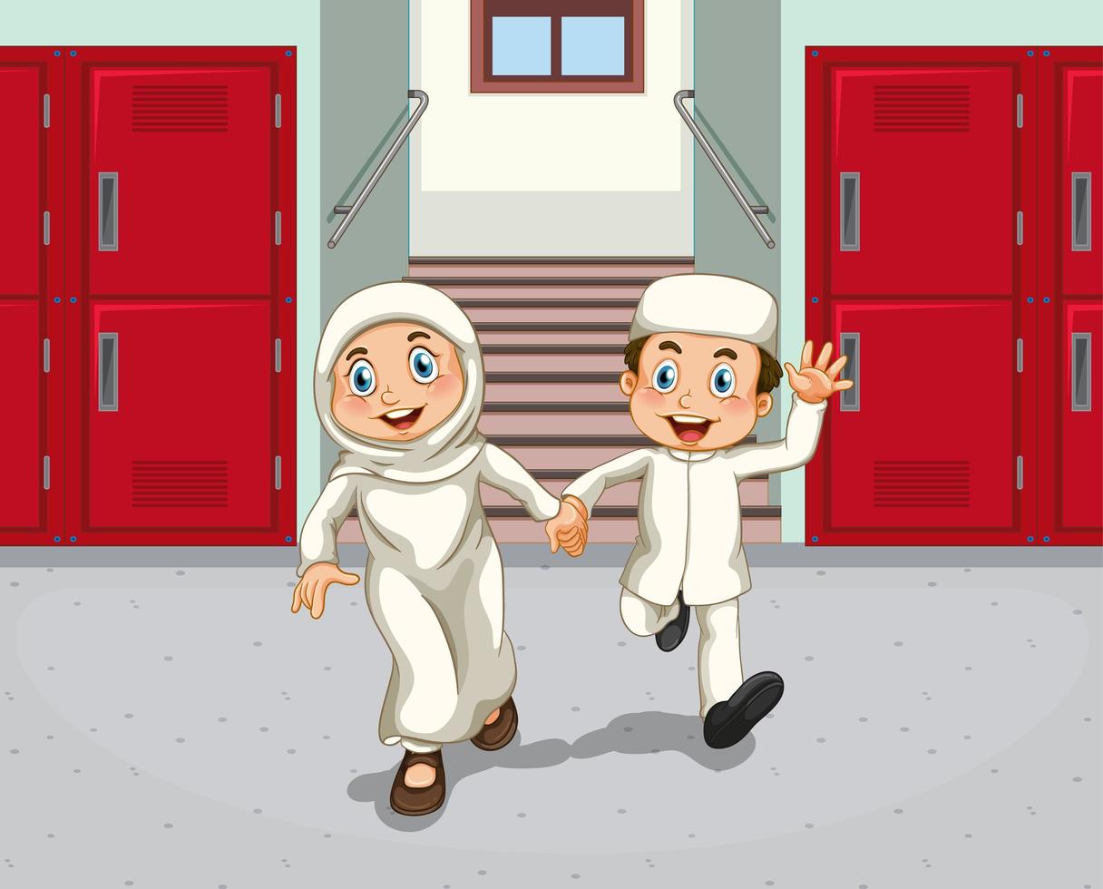 Middle Eastern kids in the school hallway vector