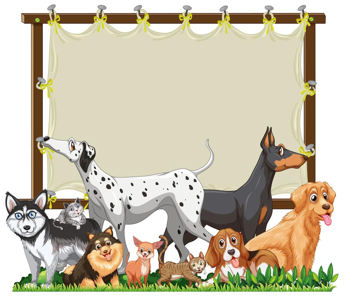 A group of cute pets with a blank banner vector