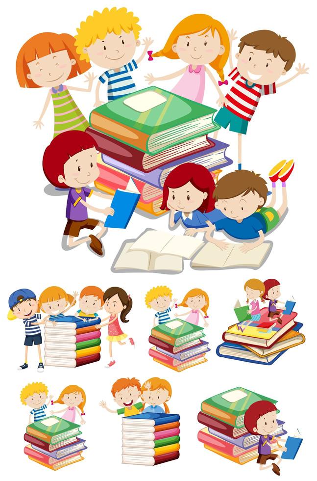 conjunto de niños de dibujos animados con libros vector