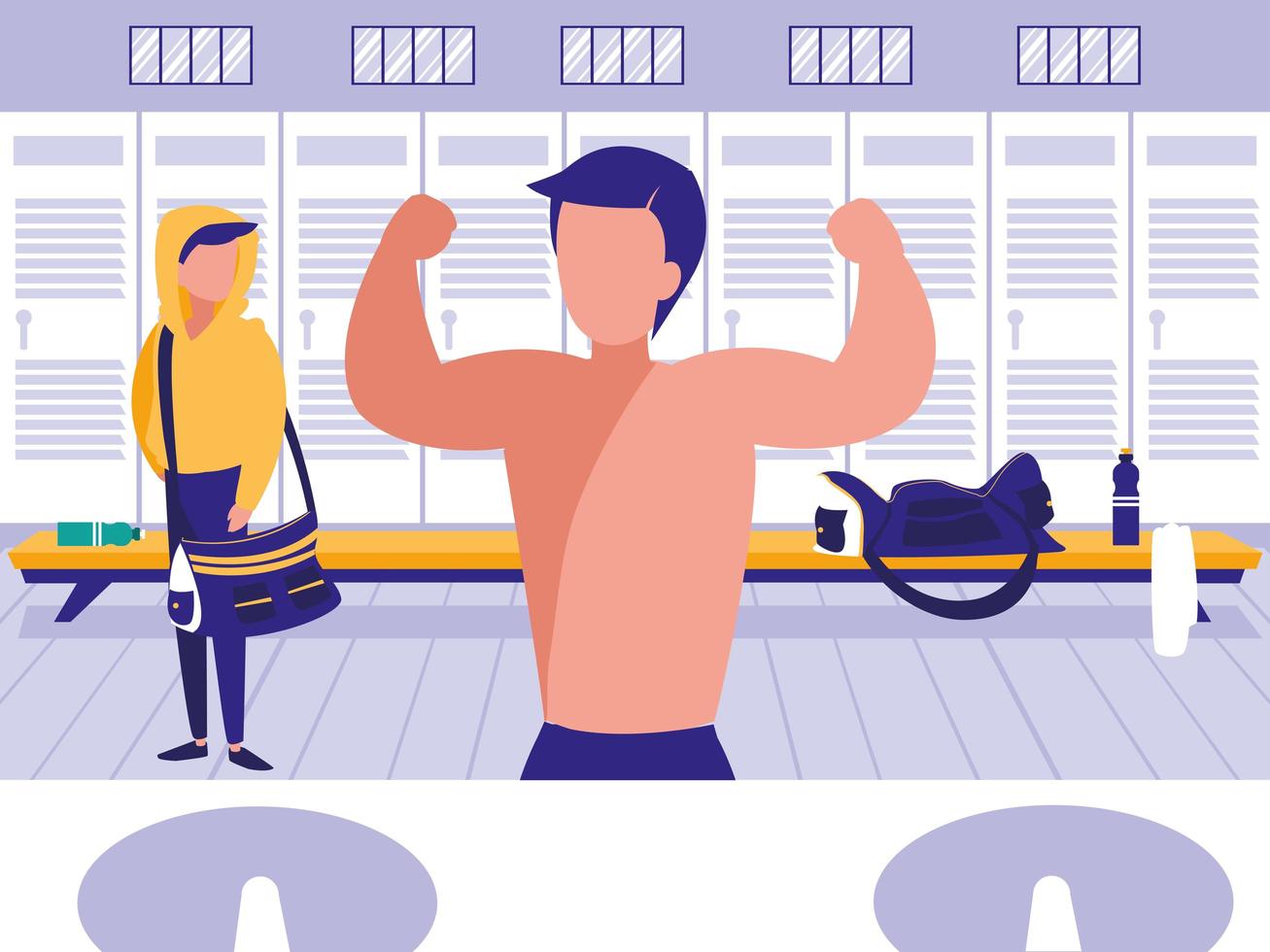 Men in place with locker of sport gym vector