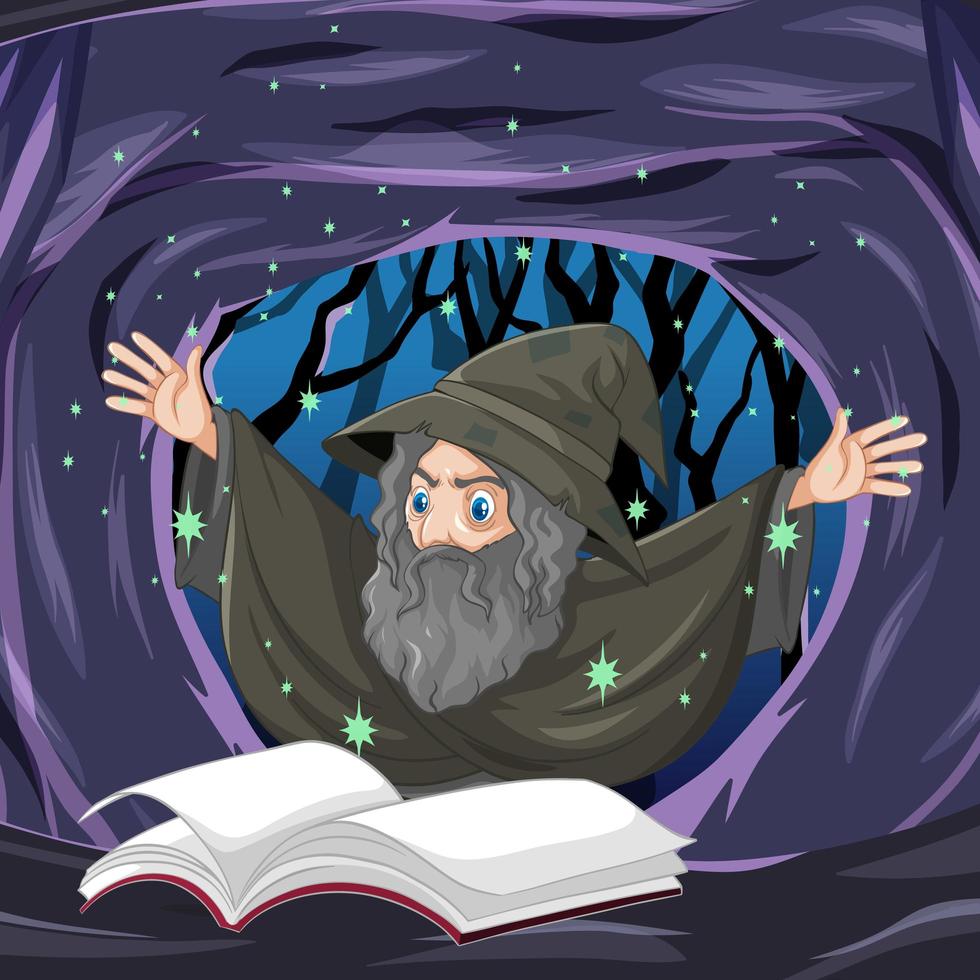 Cartoon old wizard with spell book  vector