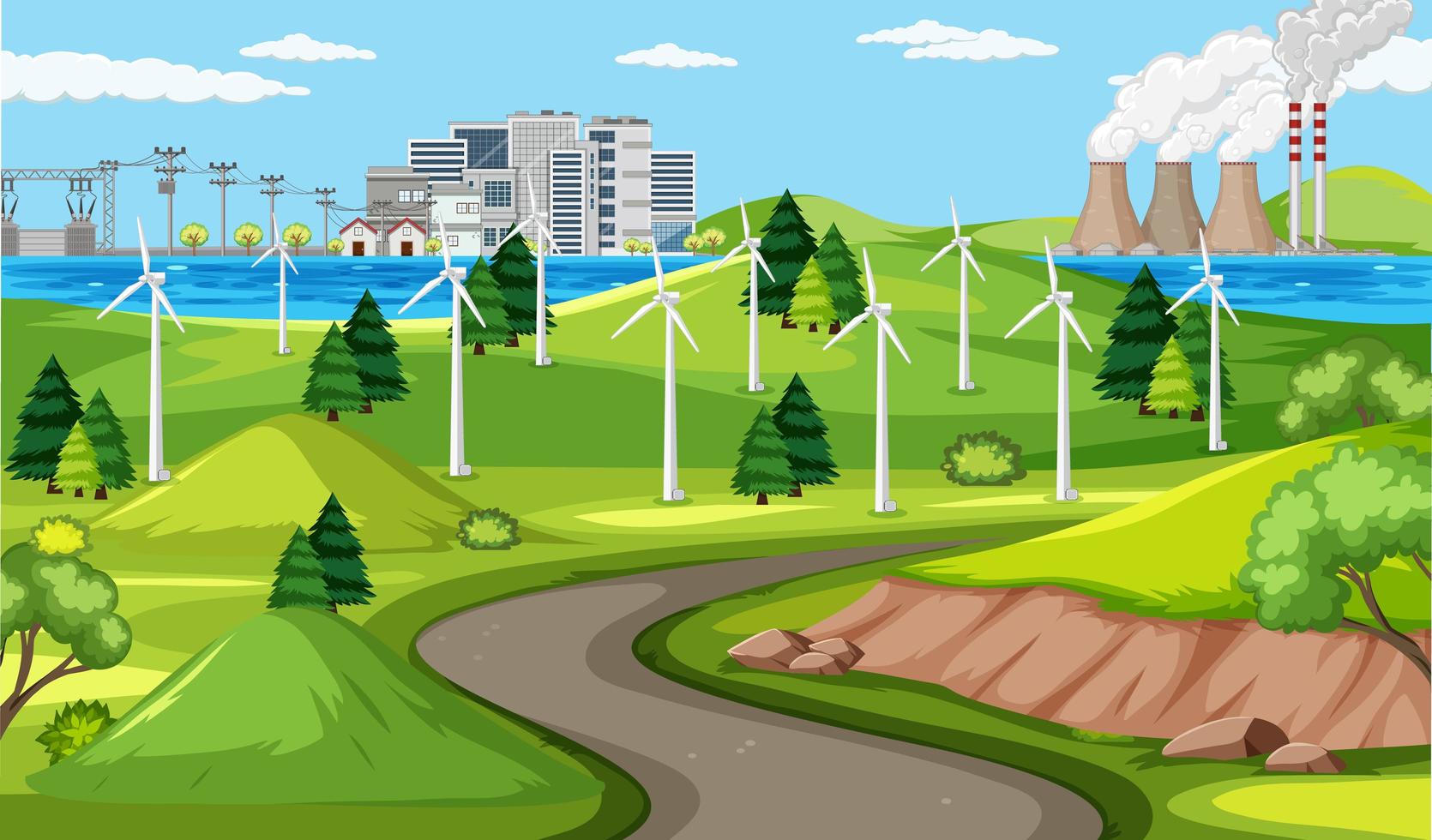 escena del paisaje de la energía eólica vector