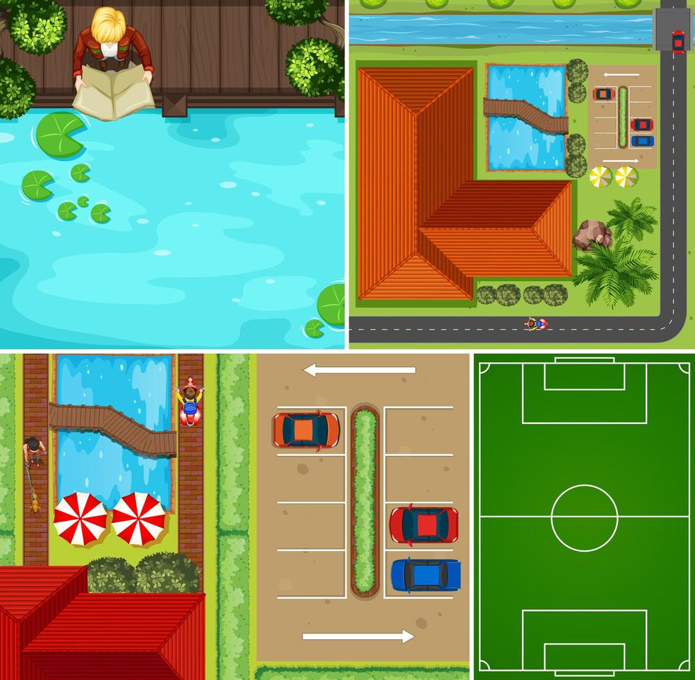 conjunto de piscina aérea y escena de cancha de baloncesto vector