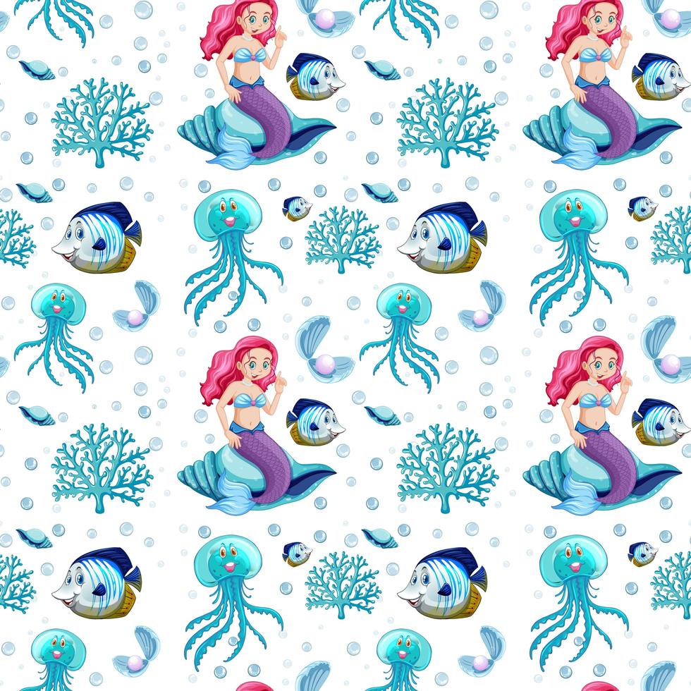 Seamless sea animals and mermaid cartoon character on white background vector