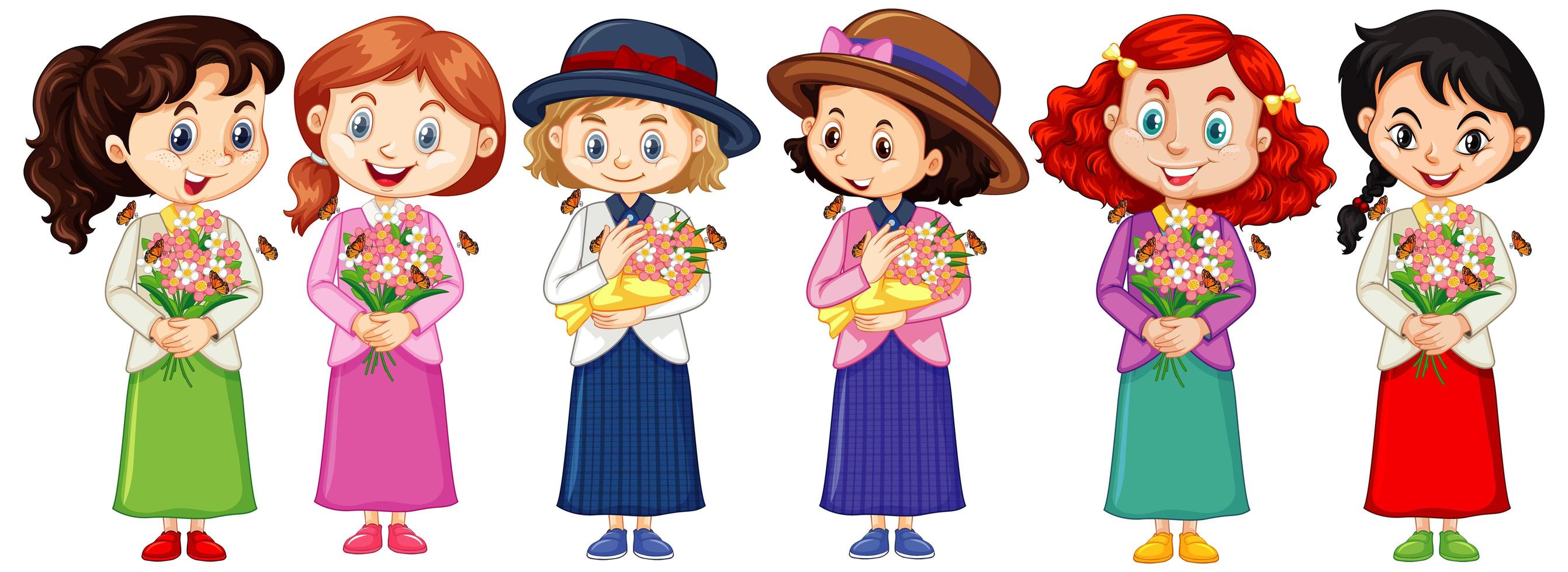 conjunto de lindos personajes multiculturales de niña vector