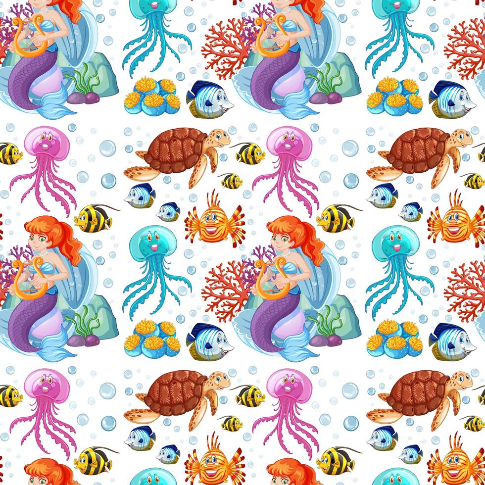 Mermaid and sea animals on white background vector