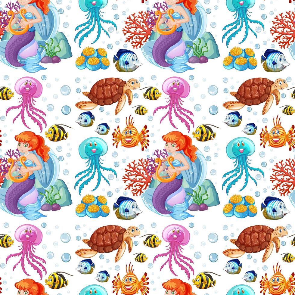 Mermaid and sea animals on white background vector