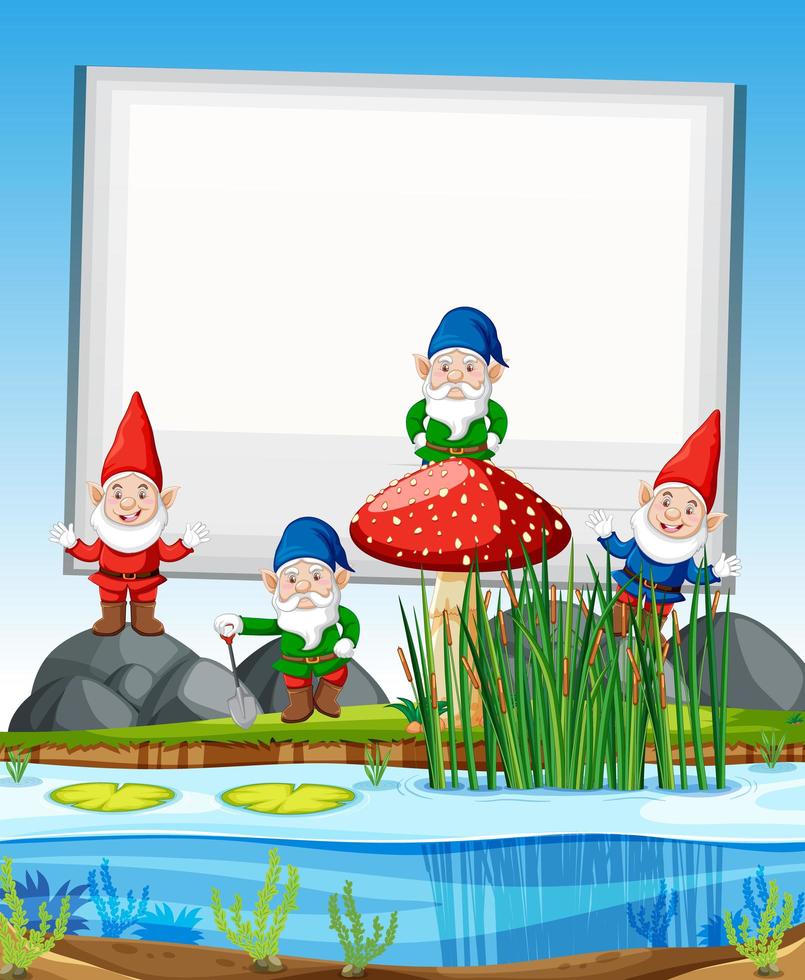 Gnomes group standing beside swamp vector