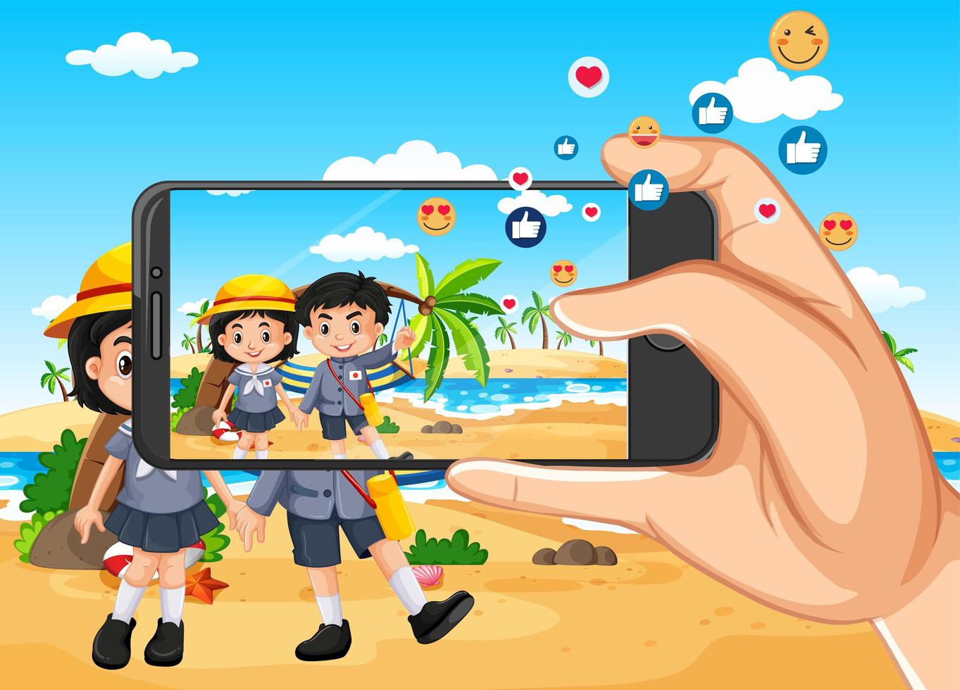 Taking travelling photo by smartphone  vector