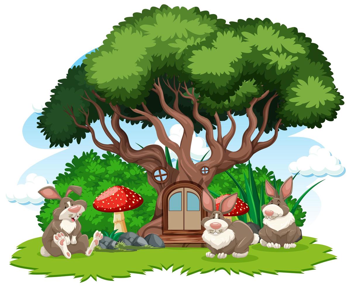 casa del árbol con tres conejos vector