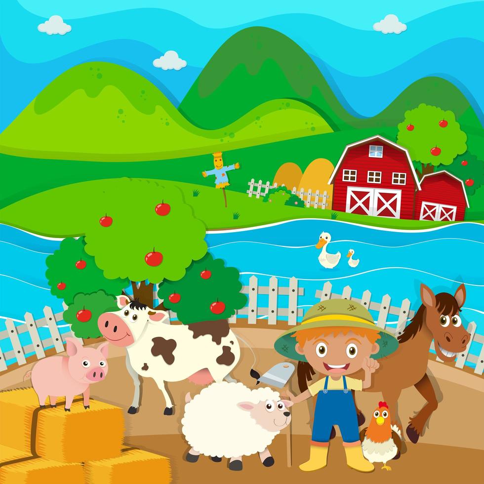 Farm theme with farmer and farm animals vector