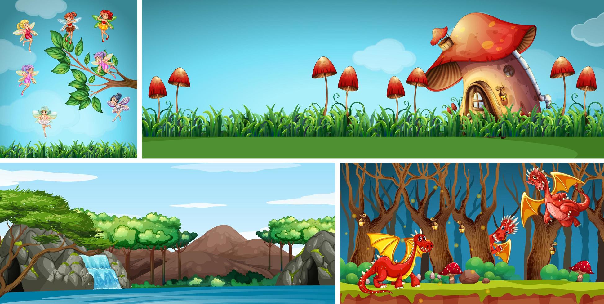 Four different scene of fantasy world with fantasy places  vector