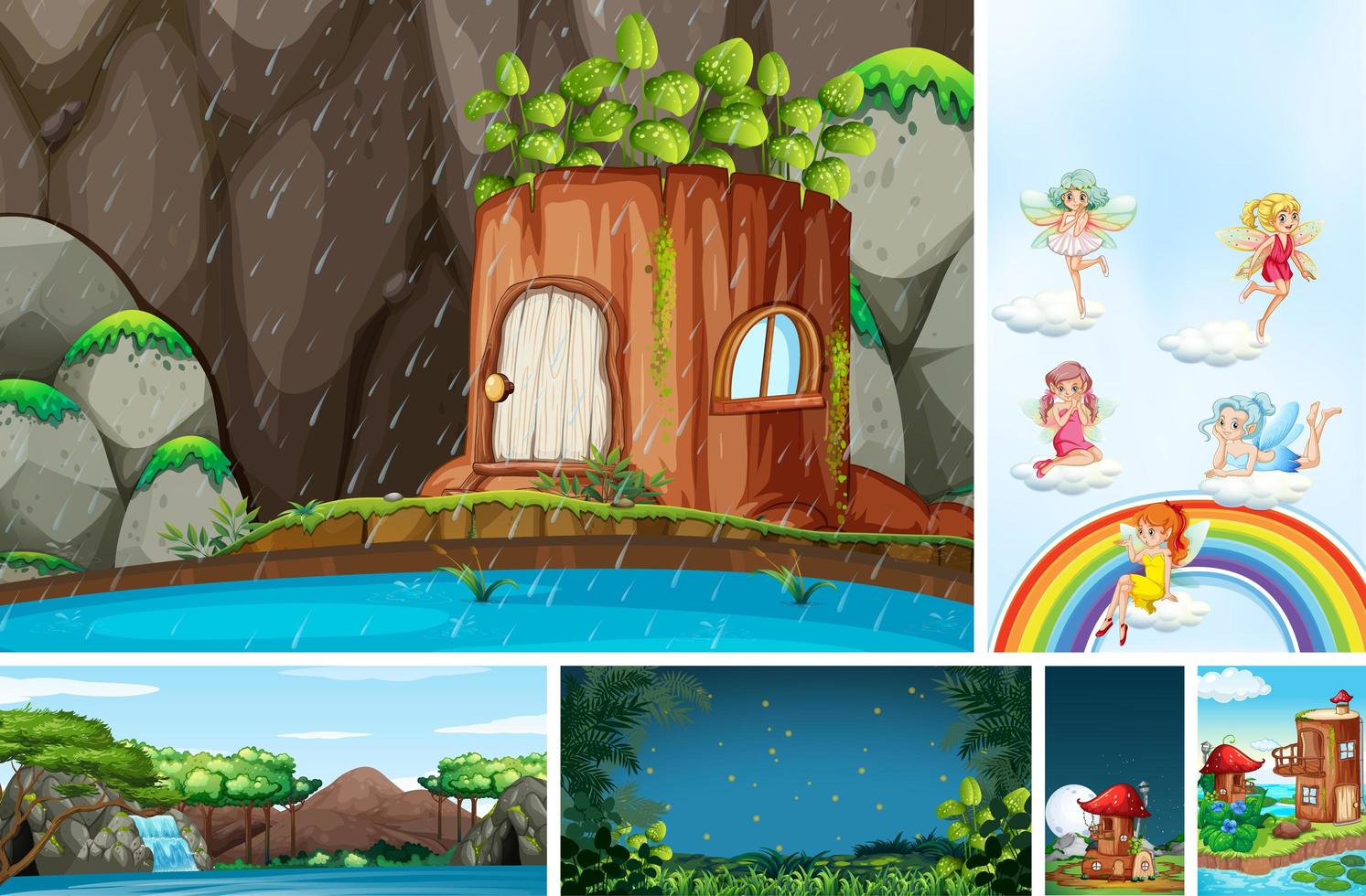 Six different scene of fantasy world vector